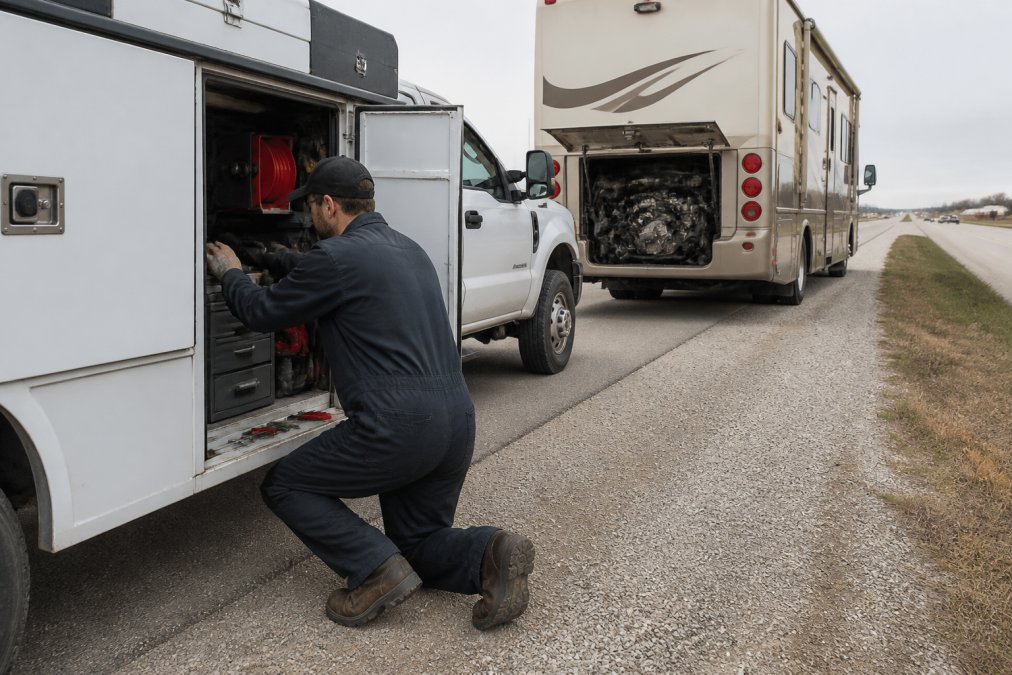 Mobile diesel mechanic using diagnostic tools for mobile RV repair on the shoulder of an interstate highway.