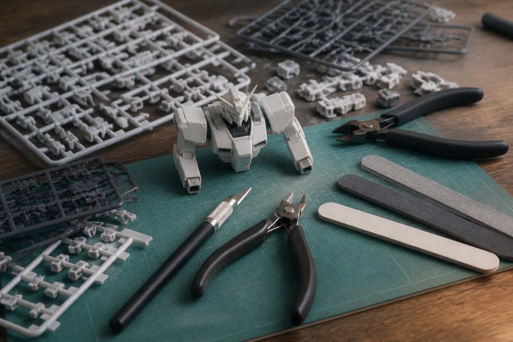 Close-up of model builder's workbench with hobby knife, side cutters, sanding sticks, sprue cutters, and a partially assembled polystyrene model kit with visible sprues and injection gates