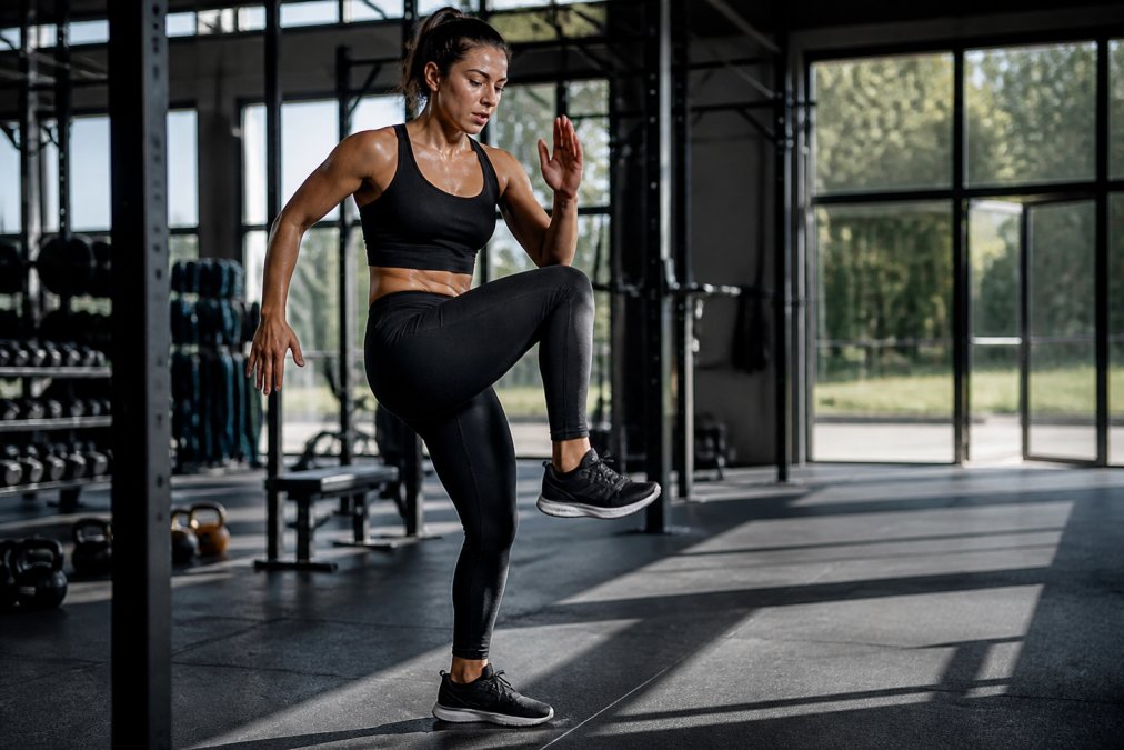 Woman wearing athletic leggings during high-intensity interval training session, visibly managing moisture while maintaining form during explosive movements in bright gym setting