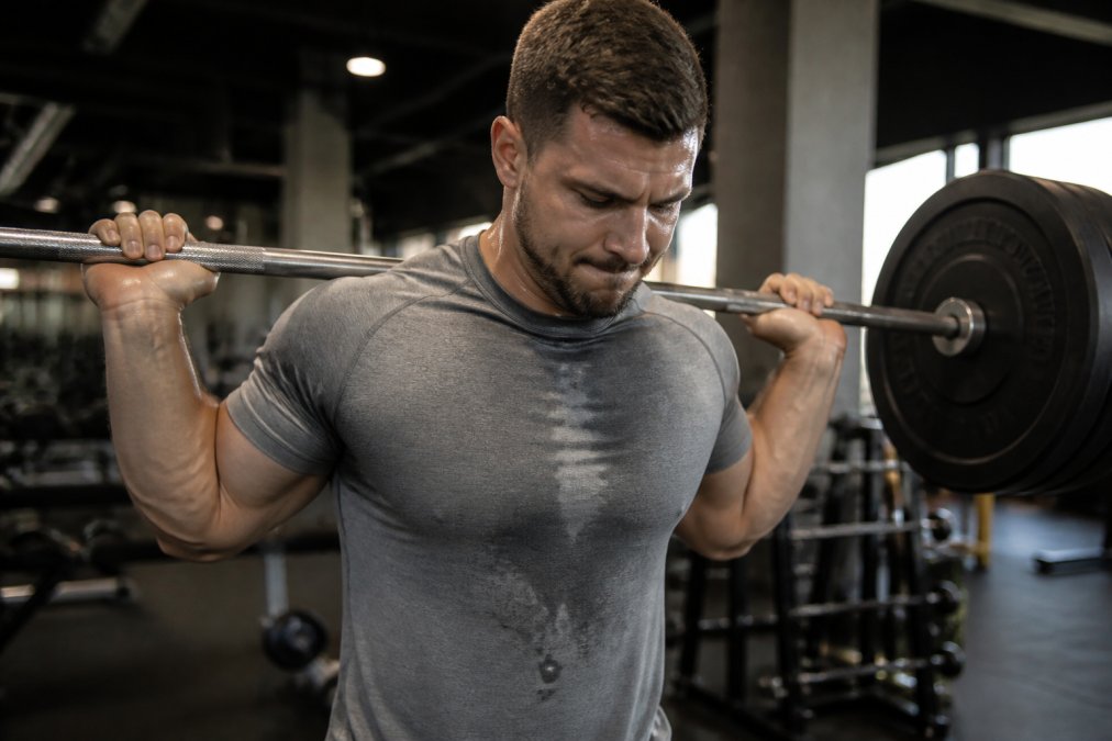 Man wearing a moisture-wicking shirt during an intense weightlifting session in a gym, showing the fit and comfort during heavy training with sweat visible on the fabric and proper shoulder mobility