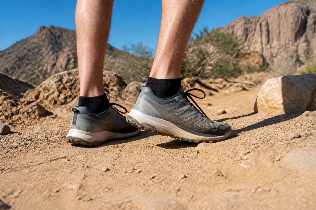 Hiker wearing black moisture wicking socks with debris-blocking cuffs on a sandy desert trail