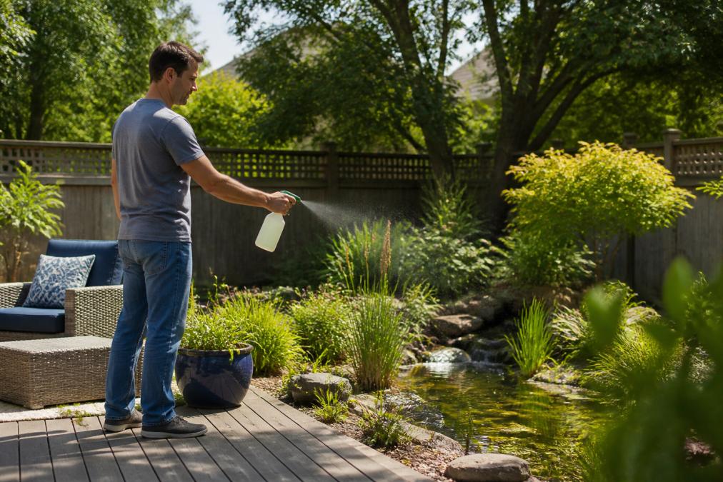 A homeowner in casual clothes spraying a natural mosquito repellent from a spray bottle around a backyard patio with plants and a small pond, sunny summer day