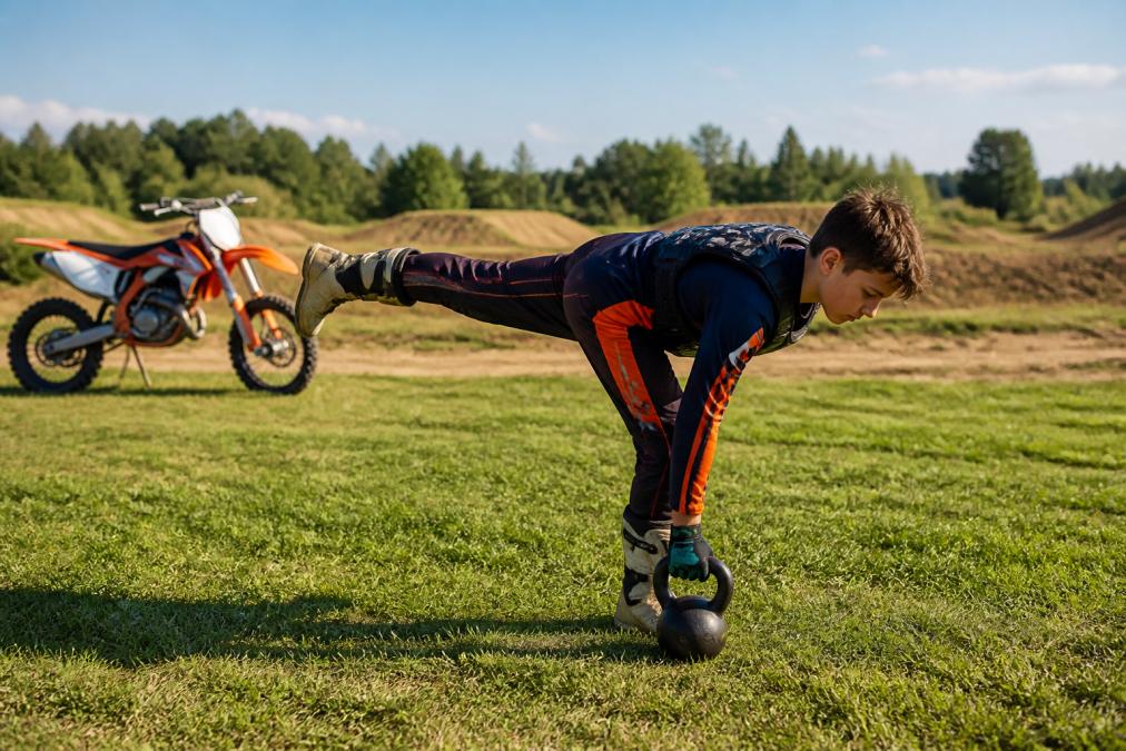 A young motocross rider in full gear performing a single-leg deadlift hold on a grassy field near a dirt track, their dirt bike parked in the background under bright afternoon sun