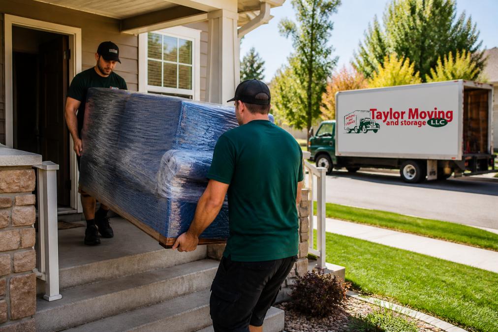 A professional moving crew in matching uniforms carefully carrying a wrapped sofa down the front steps of a Longmont home, with a branded moving truck parked at the curb