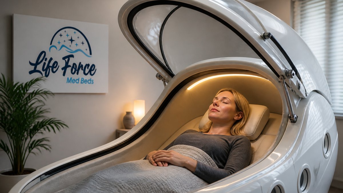 Person relaxing inside a modern wellness pod with soft ambient lighting, appearing calm and centered, in a contemporary clinical wellness space