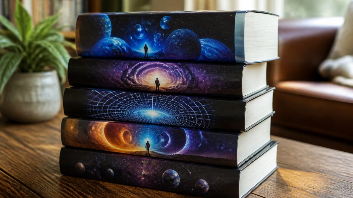 Stack of five science fiction books with multiverse themes arranged on a wooden table with warm natural lighting, showing colorful spines and covers