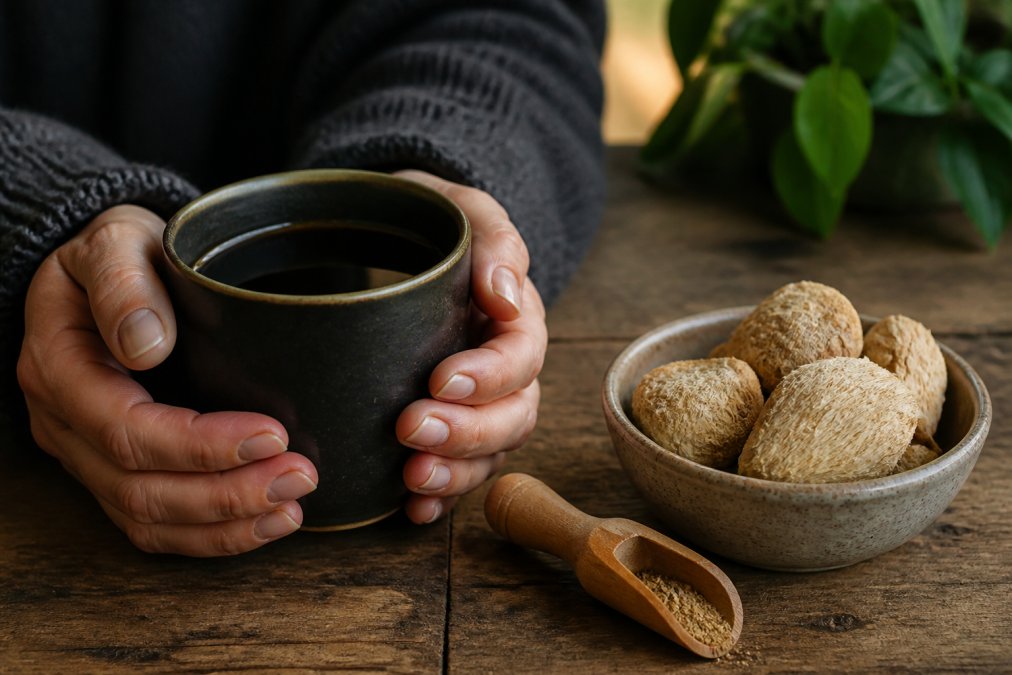 Close-up of hands cradling a warm dark coffee mug on a rustic wooden table, with a small ceramic bowl of dried lion's mane mushrooms and a wooden scoop beside it, soft morning light