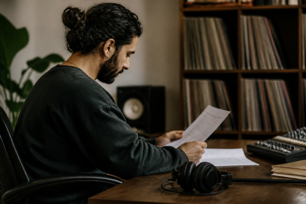 Music producer reviewing detailed royalty reports and analytics dashboard on a computer screen in a home studio environment, with headphones and vinyl records visible on shelves in soft studio lighting