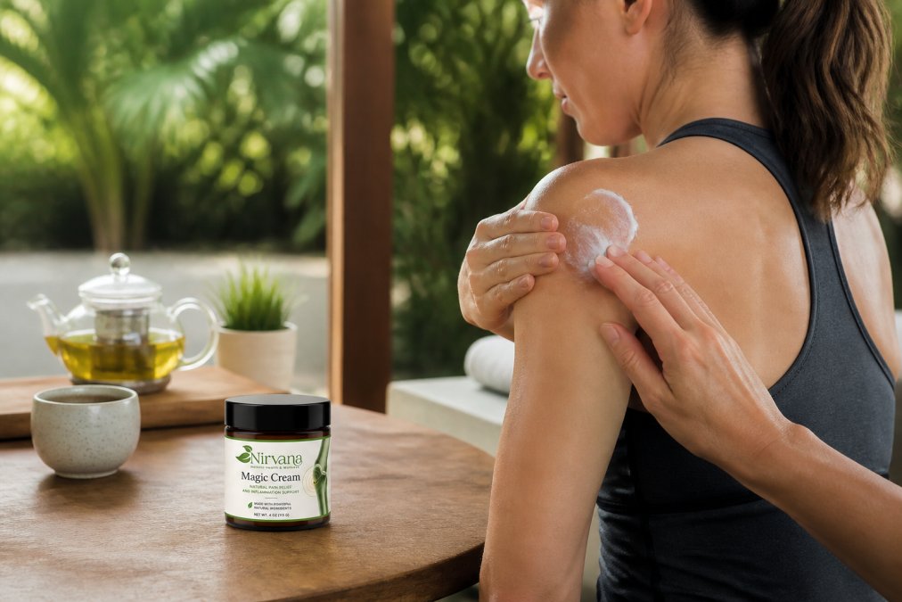 Person applying natural pain relief cream to sore shoulder muscle after workout, hands massaging the affected area in bright natural light