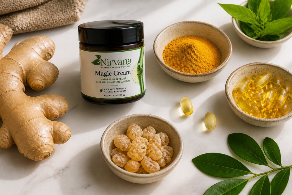 Overhead view of natural anti-inflammatory supplements, fresh ginger root, turmeric powder in small bowl, fish oil capsules, green tea leaves, and boswellia extract arranged on clean white surface with natural lighting
