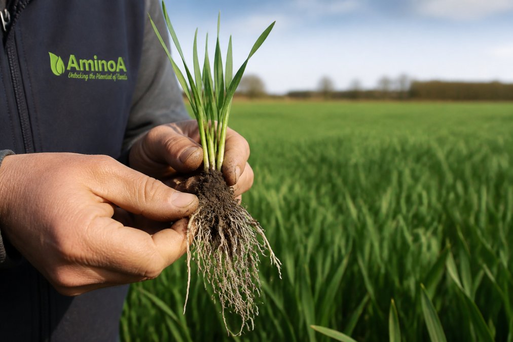 A close-up photograph of a farmer's hands holding a young cereal seedling with well-developed roots, showing healthy white root hairs against dark soil, with a field of winter wheat blurred in the background under natural daylight