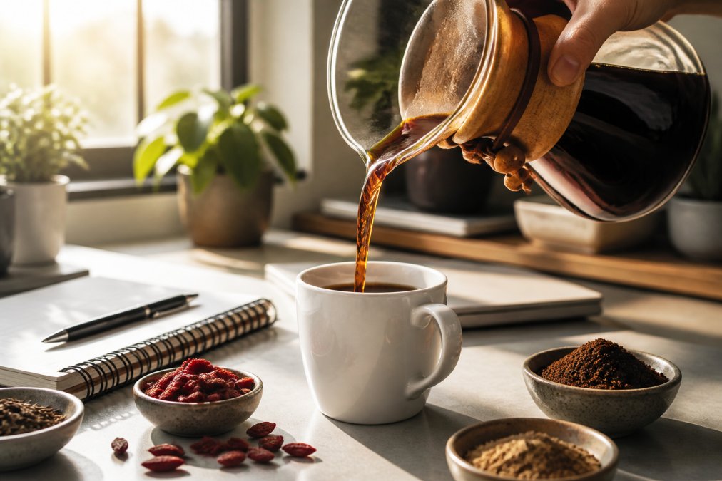 Freshly brewed coffee poured into a mug on a desk as part of natural coffee blends for focus during a workday