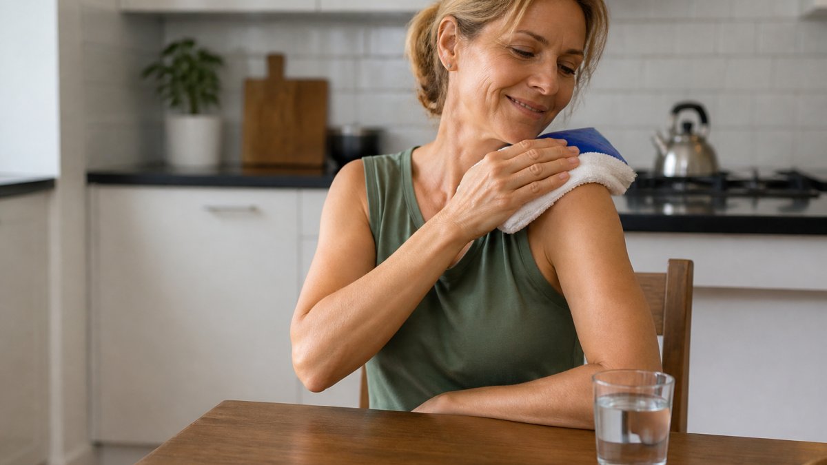 A person sitting at a kitchen table with a cold pack wrapped in a towel pressed against their shoulder, looking relieved