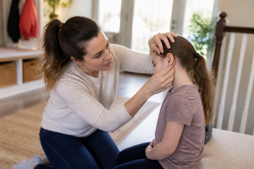 Parent conducting careful tick inspection of child's body after outdoor play, checking behind ears, neck, scalp, and skin folds with focused attention in natural indoor lighting