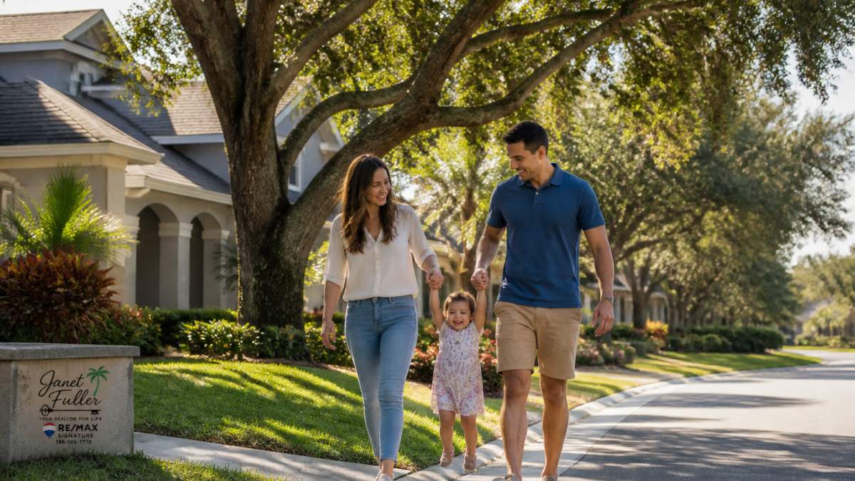 Young family walking together on a tree-lined residential street in a suburban neighborhood with well-maintained homes and green lawns, morning sunlight filtering through mature oak trees