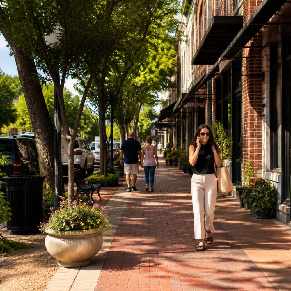 Tree-lined brick street in downtown Ocoee with historic storefronts, sidewalk cafes, and pedestrians on a sunny afternoon with dappled shade