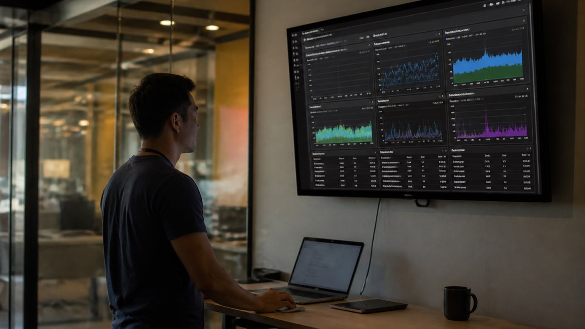 DevOps engineer reviewing network monitoring tools on a wall-mounted dashboard showing cloud traffic metrics
