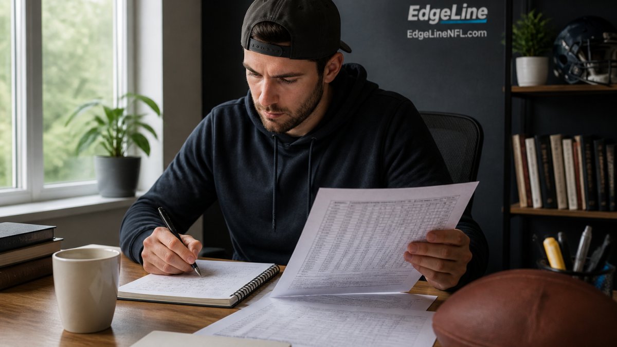 Professional bettor analyzing NFL betting strategies and bankroll data on a desktop monitor in a home office