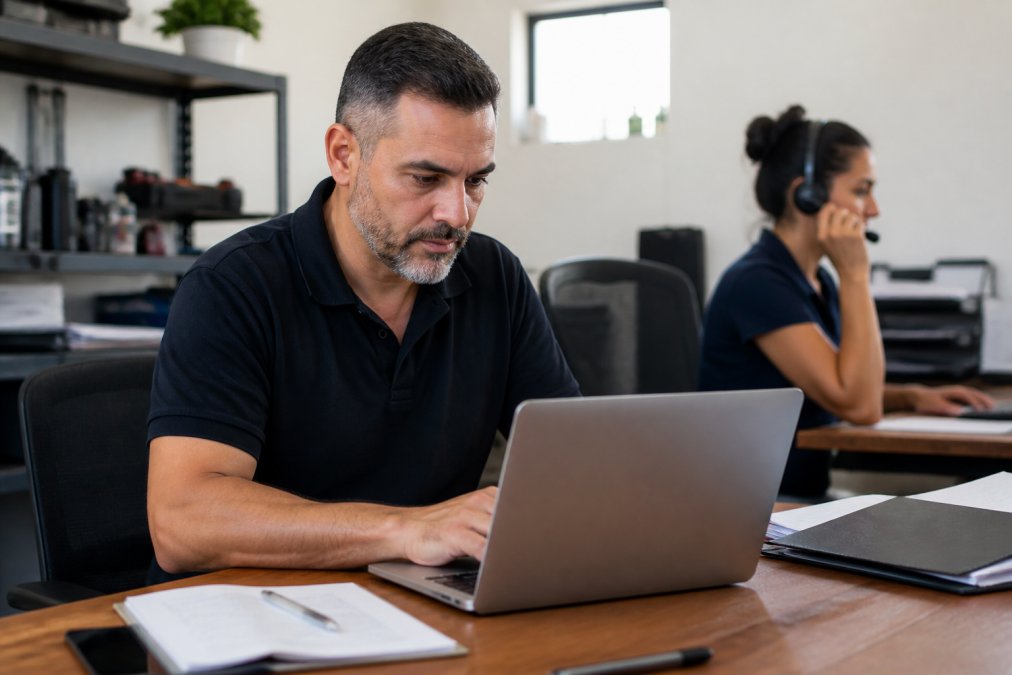 A small business owner in a home services office reviewing a dashboard on a laptop while a team member speaks on a headset in the background