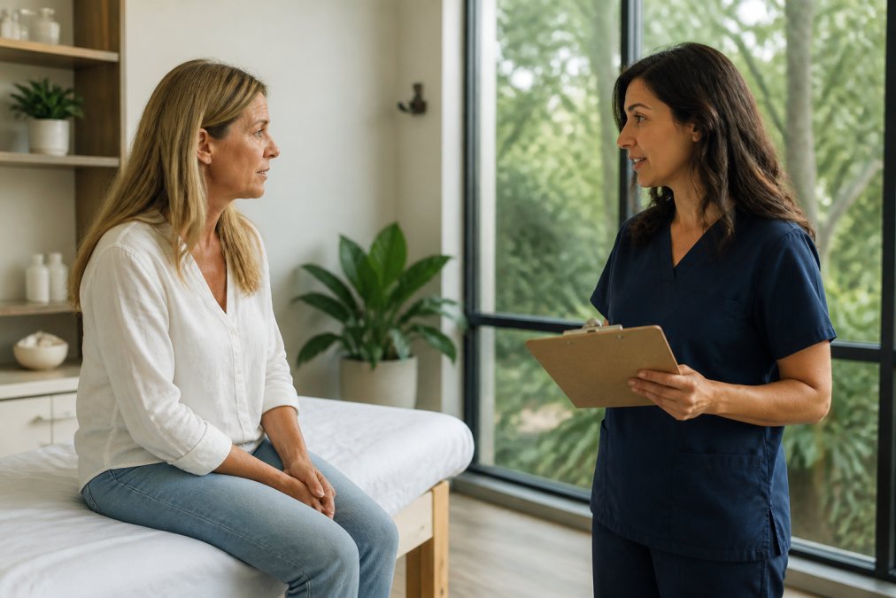 A patient sitting on a treatment table in a bright, modern wellness clinic, having a conversation with a practitioner who holds a clipboard, warm natural light through large windows