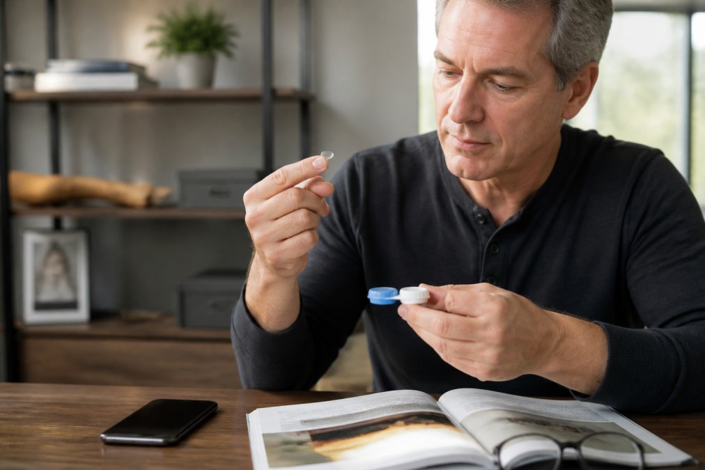 Adult in their 50s holding a contact lens case and lens, with reading materials and a smartphone visible on the table, demonstrating vision correction for multiple distances in natural lighting