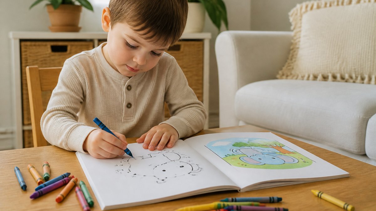 A five-year-old child sitting at a wooden table coloring a dot-to-dot activity book with crayons, warm natural light, cozy home setting