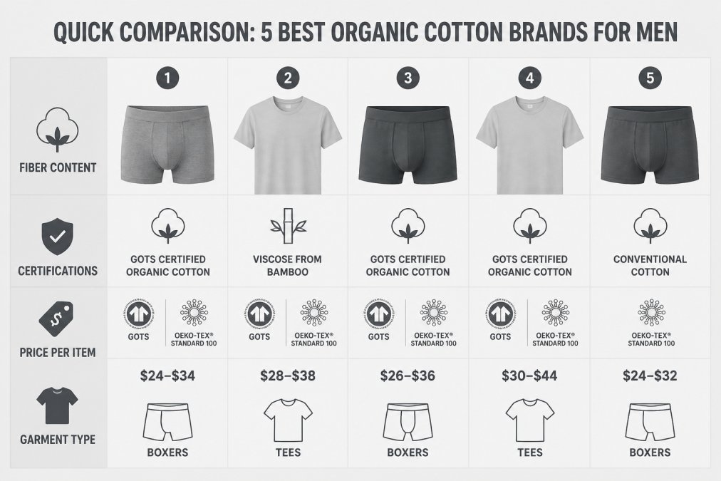 Comparison matrix of five organic cotton brands showing fiber content (GOTS certified organic cotton, viscose from bamboo, conventional cotton), certifications (GOTS, OEKO-TEX STANDARD 100), price per item ($24-$44), and garment type (boxers, tees)