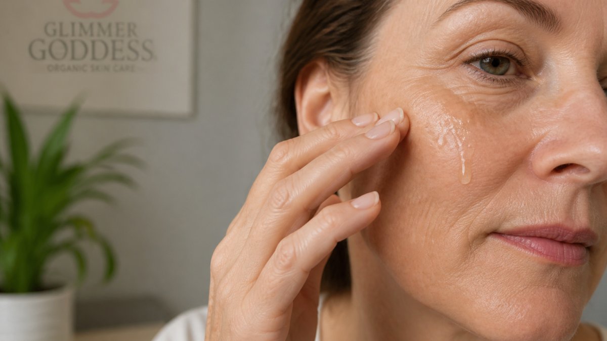 Close-up of a woman's face in natural light showing mature skin texture, with a few drops of serum glistening on her cheekbone as she applies skincare