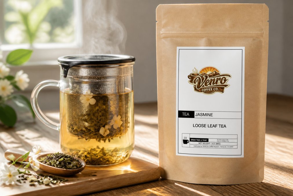 A clear glass infuser filled with loose jasmine green tea leaves and white jasmine flowers steeping in hot water, steam rising gently, morning sunlight streaming through a window onto a wooden table