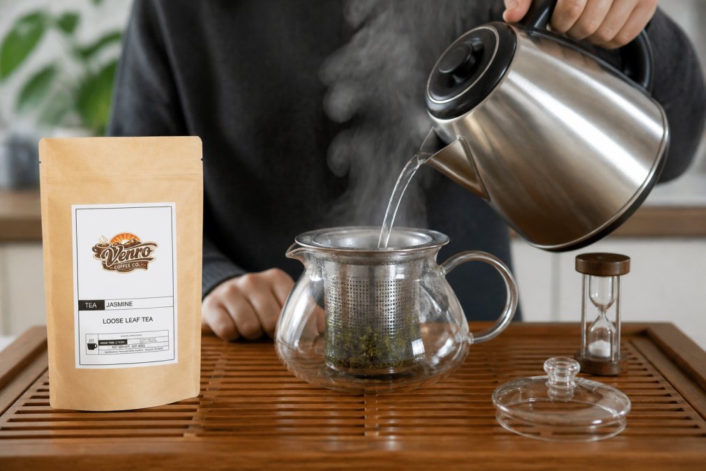 Hands pouring hot water from a stainless steel kettle into a glass infuser basket filled with loose green tea leaves, steam rising visibly, wooden tea table with a timer visible