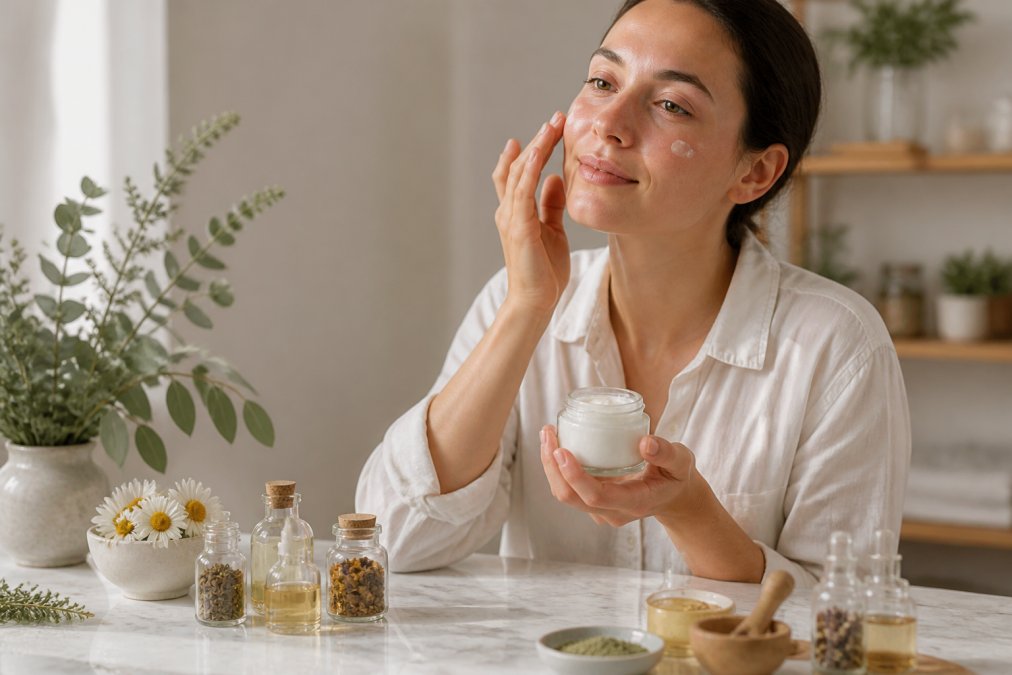 Woman with calm, clear skin gently applying organic moisturiser to her face in soft natural light, with botanical ingredients and glass jars visible on a marble surface nearby