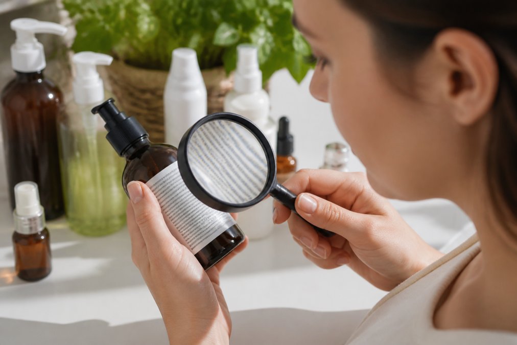 Close-up of a person carefully reading and examining a skincare product ingredient label with a magnifying glass in natural daylight, with various organic product bottles in soft focus in the background