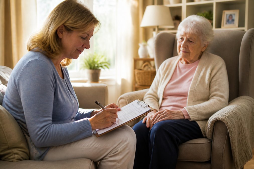 Caregiver reviewing a checklist with a senior parent to coordinate overnight home care in a living room