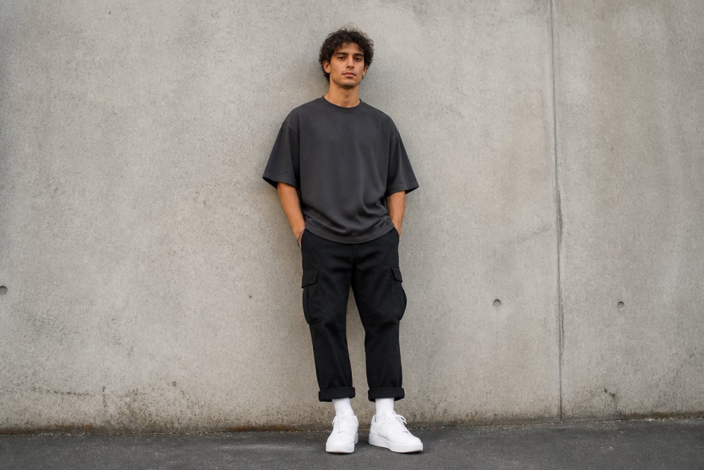 Young man in oversized streetwear wearing a heavyweight tee and cuffed cargo pants against a concrete wall
