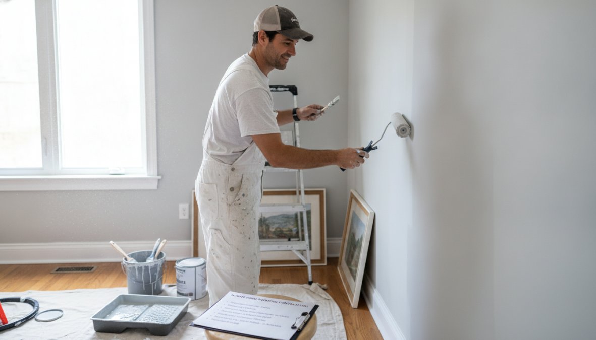 Professional painter applying fresh interior paint to residential wall with precision and care, showing quality workmanship and attention to detail