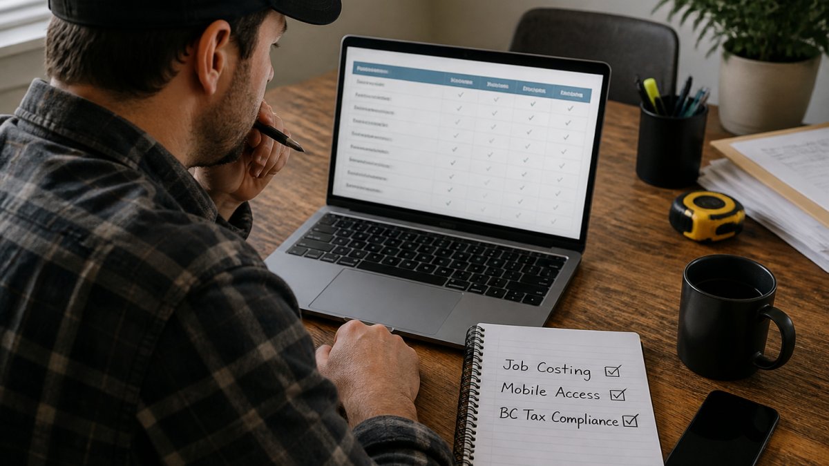 Contractor comparing payroll software features on laptop, with notes on job costing, mobile access, and BC tax compliance visible on desk