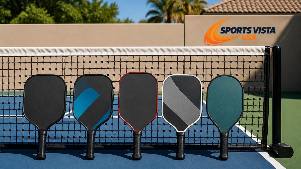 Five different pickleball paddles and a regulation net arranged on an outdoor home court surface, showing variety in paddle shapes, sizes, and colors in natural sunlight