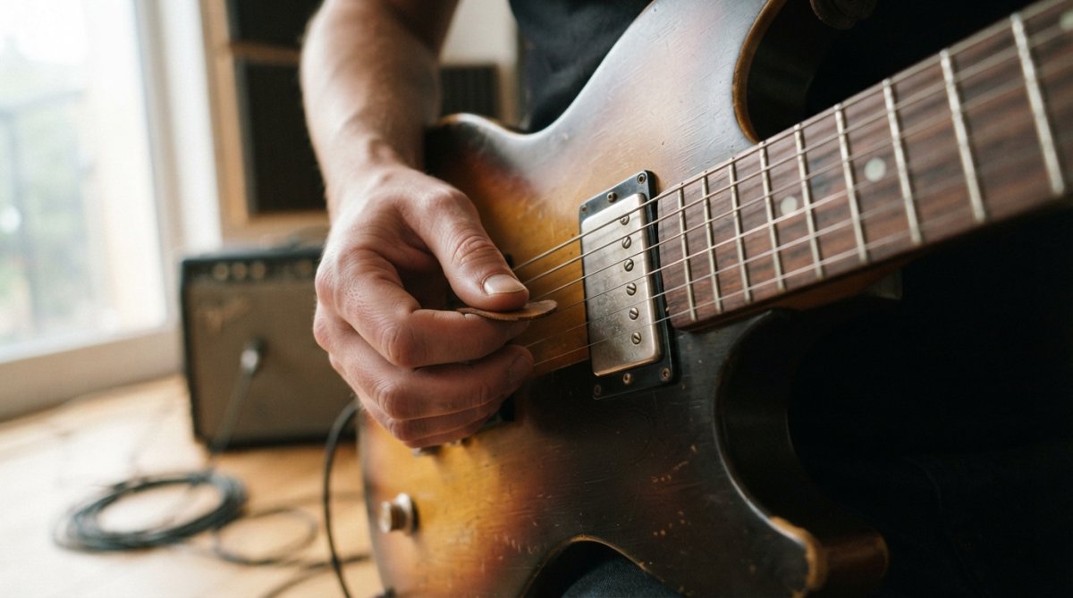 Close-up of a vintage electric guitar with humbucker pickup visible, a musician's hand positioned near the strings in classic rock playing posture, natural studio lighting highlighting the pickup coils