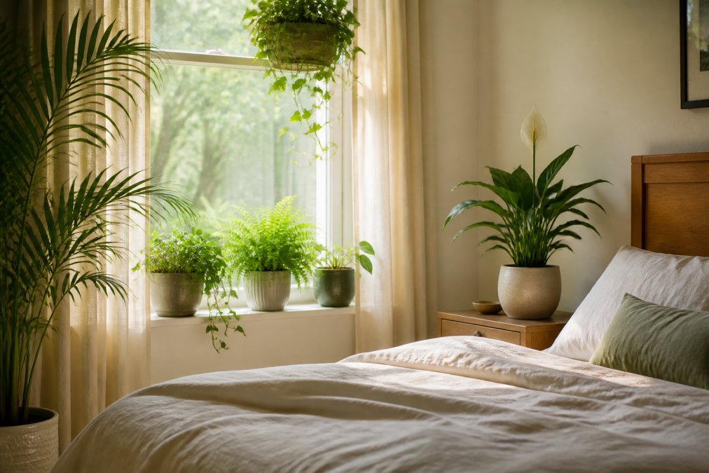 Serene bedroom with potted plants on windowsills and nightstands, soft natural light filtering through sheer curtains, elegant ceramic planters displaying green foliage, creating a peaceful botanical retreat