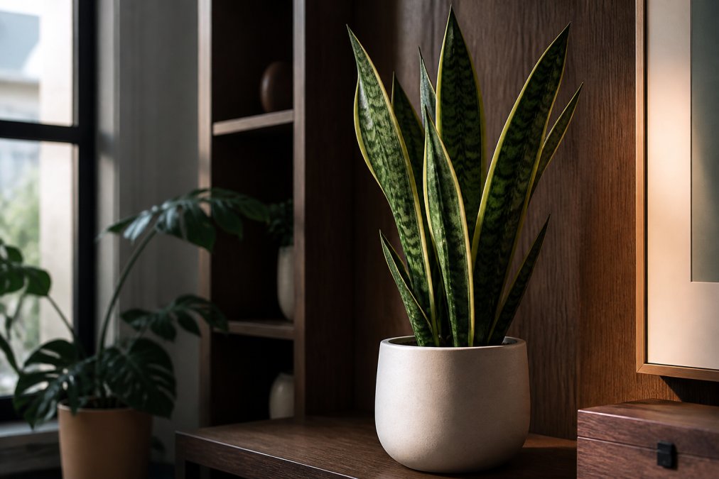 A mature snake plant with upright variegated green and cream striped leaves in a minimalist ceramic pot positioned on a shelf in a dim apartment corner, showing its architectural form against soft indirect light