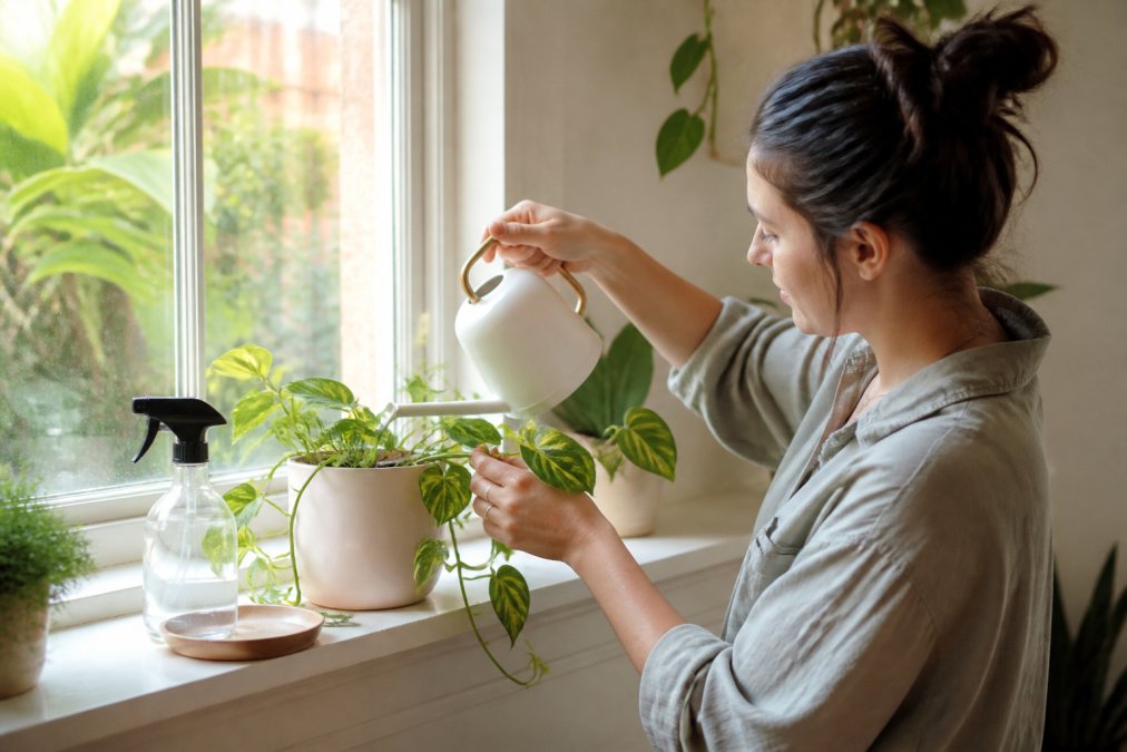 A person watering a pothos plant near a window in a bright apartment, with a spray bottle and saucer visible on the windowsill, demonstrating proper indoor plant care technique with natural light streaming in