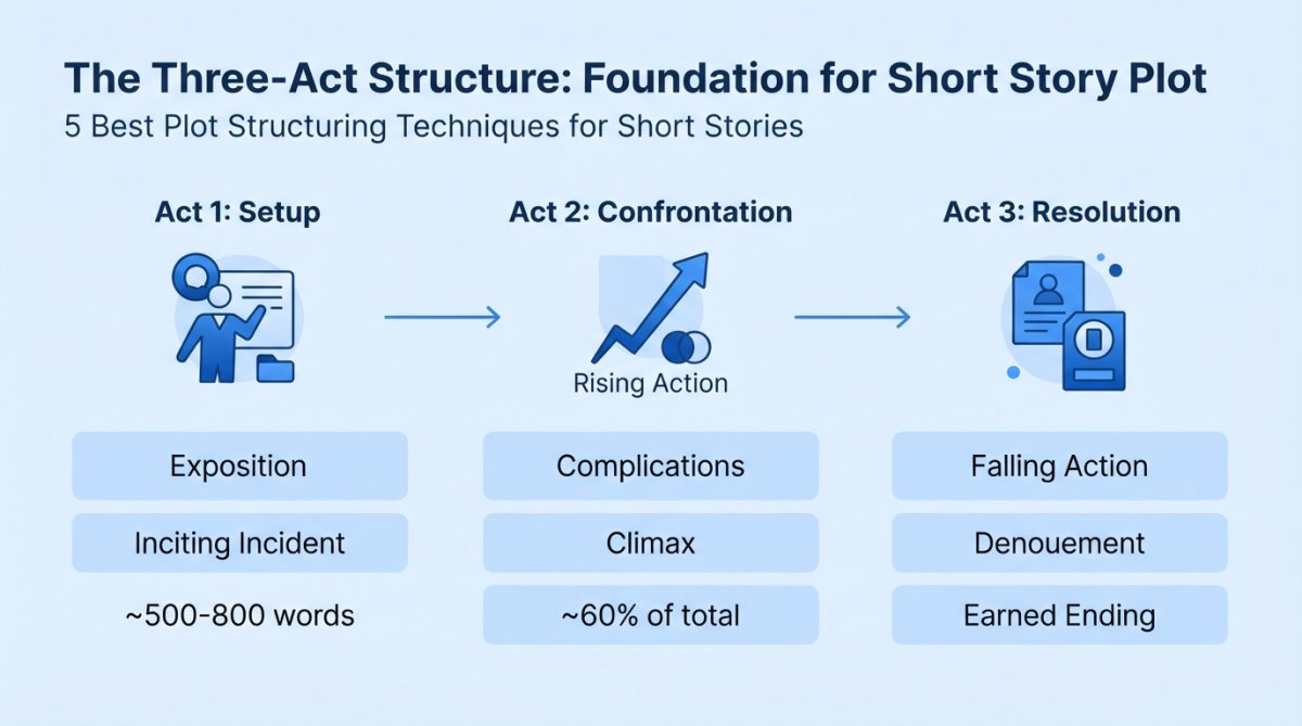 Diagram showing three-act structure flow with labels: Setup (exposition, inciting incident, ~500-800 words) → Confrontation (rising action, complications, climax, ~60% of total) → Resolution (falling action, denouement, earned ending)