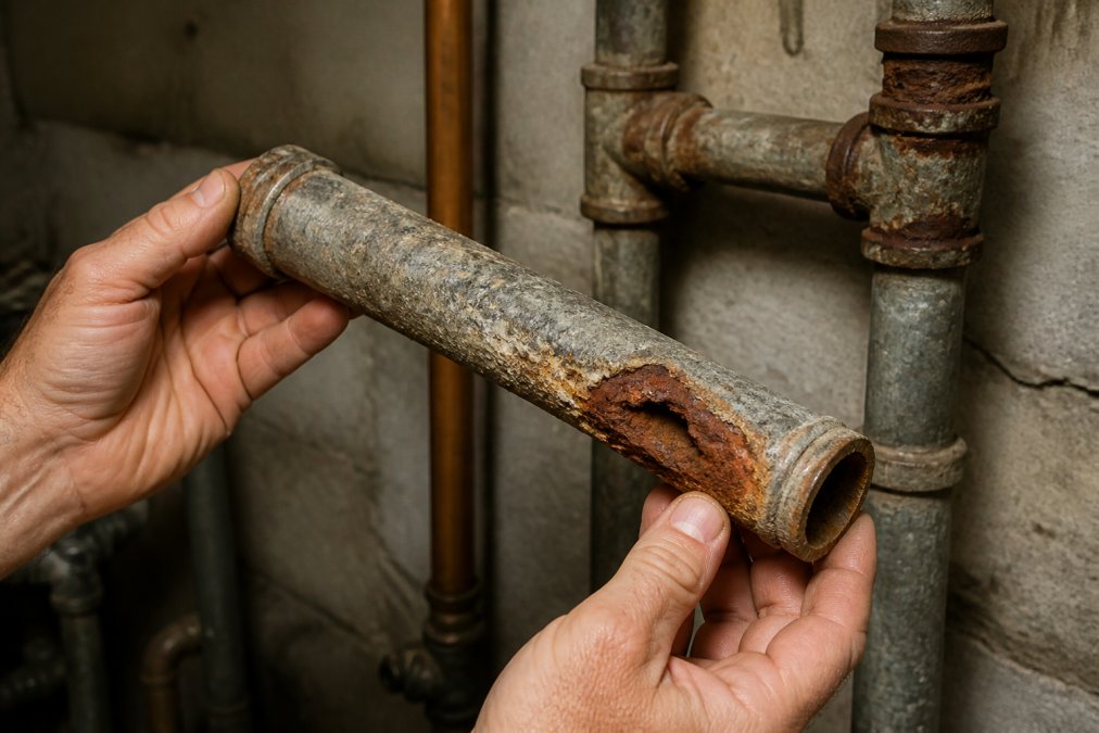 Plumber holding a section of corroded galvanized pipes with visible rust and heavy mineral buildup