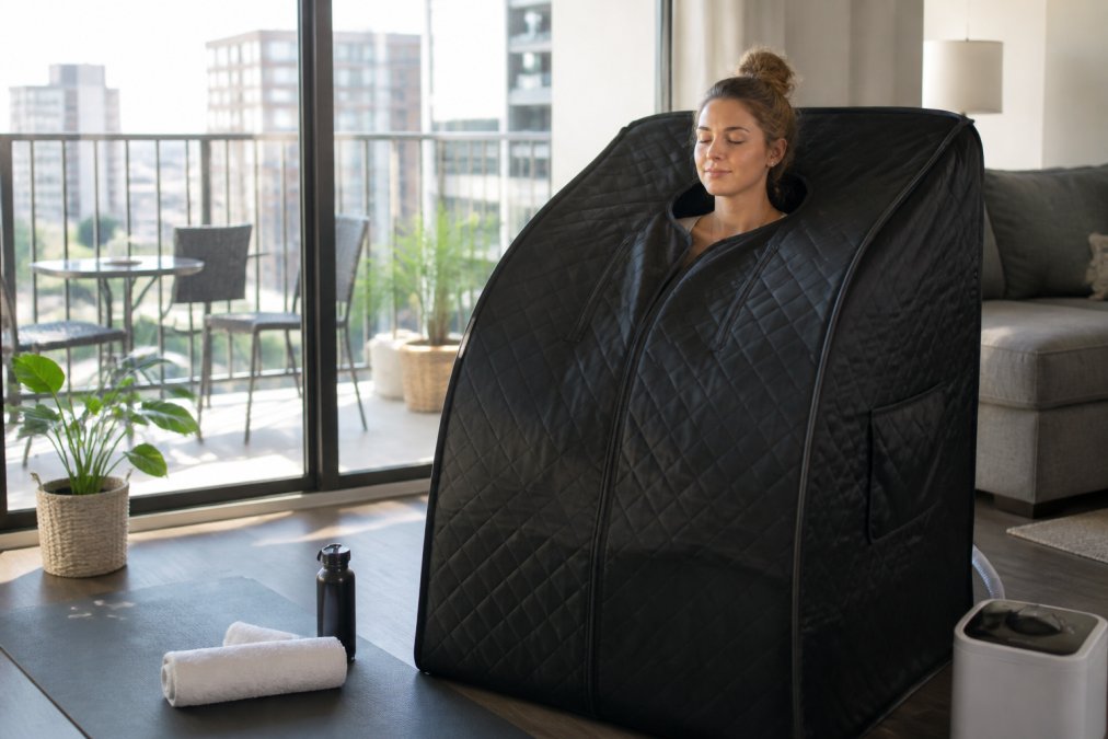 A person relaxing inside a portable infrared sauna tent set up in a bright, modern apartment living room, with a yoga mat and towel nearby