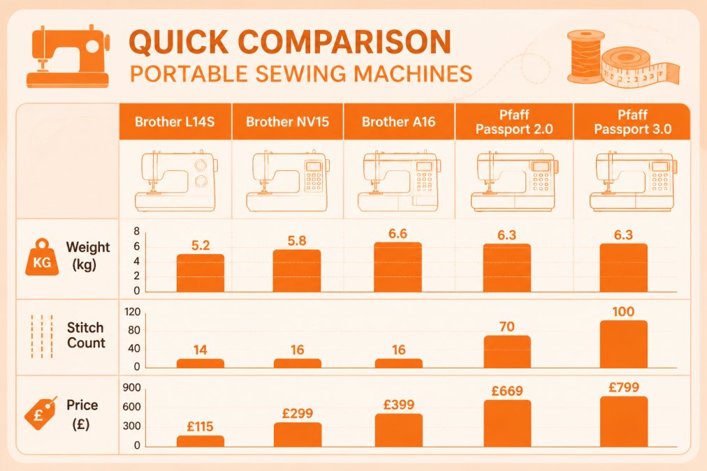 Bar chart comparing weight (kg), stitch count, and price (£) for five portable sewing machines: Brother L14S 5.2kg/14 stitches/£115, Brother NV15 5.8kg/16 stitches/£299, Brother A16 6.6kg/16 stitches/£399, Pfaff Passport 2.0 6.3kg/70 stitches/£669, Pfaff Passport 3.0 6.3kg/100 stitches/£799