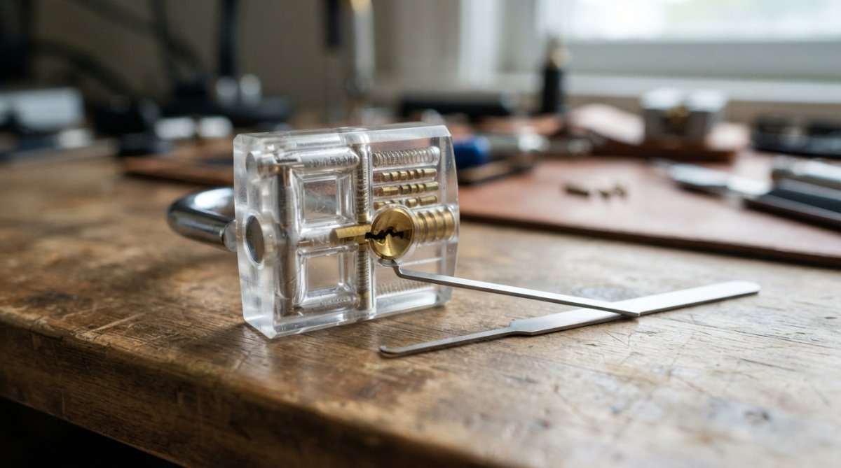 Diagram of a Dangerfield EUREKA clear practice lock showing internal pins, springs, and tools for the picking process.