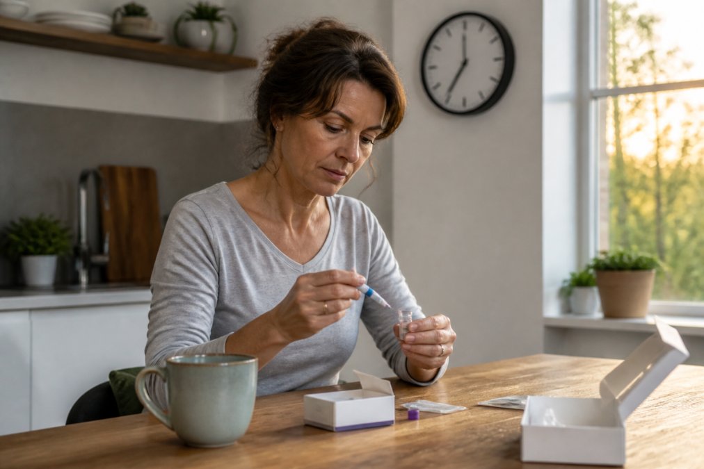 A woman in her 40s sitting at a kitchen table in early morning light, preparing a small at-home thyroid test kit with a lancet and collection tube, a cup of coffee and a wall clock visible in the background