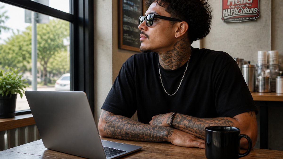 Person wearing bold, personalized streetwear with confidence at a modern coffee shop, sitting at a table with laptop and coffee, natural morning light streaming through windows