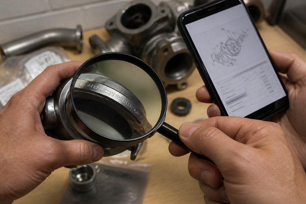 Close-up of hands inspecting a genuine Porsche part with serial number visible under magnifying glass, comparing it to documentation displayed on a smartphone screen