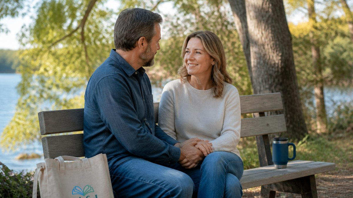 A couple sitting together outdoors on a wooden bench, holding hands and having a meaningful conversation in soft natural daylight, with trees and a peaceful outdoor setting in the background